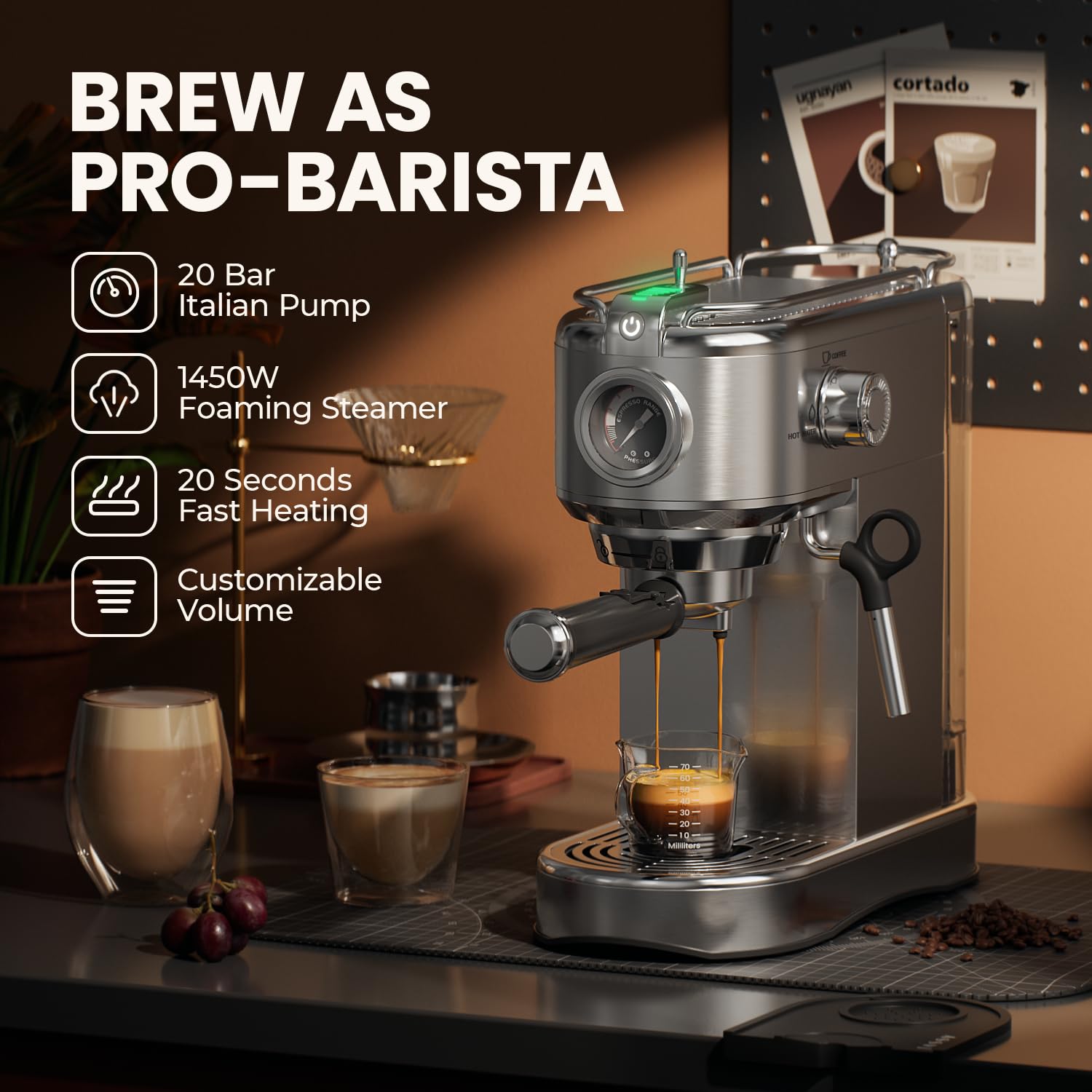 JZ.CAFE Espresso Machine - 20 Bar Espresso Maker with Milk Frother Steam Wand, Coffee Maker for Latte & Cappuccino, 1450W Semi-Automatic Coffee Machine with 34oz Removable Water Tank, Compact Kitchen