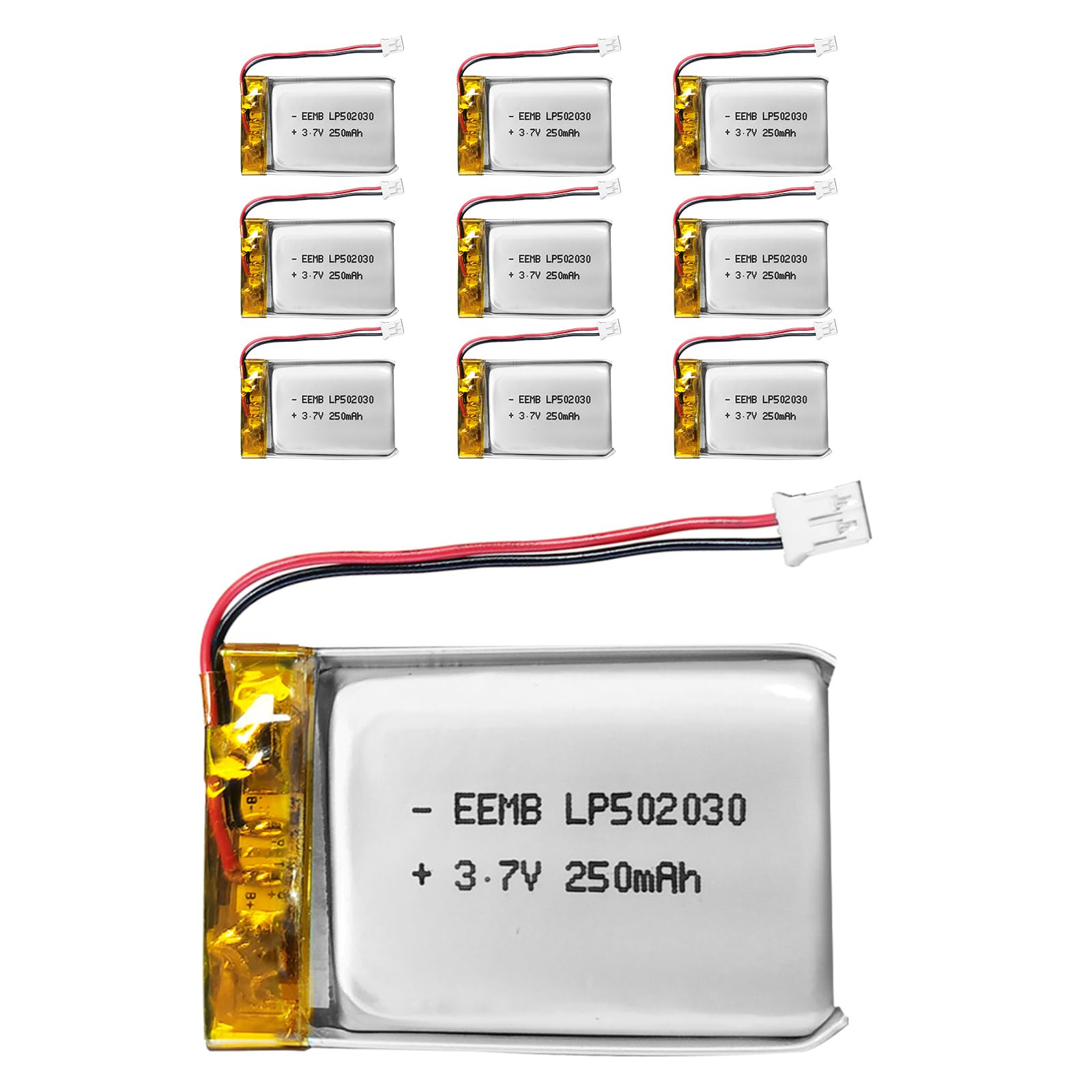 EEMB 10Pack Lithium Polymer Battery 3.7V 250mAh 502030 Lipo Rechargeable Battery Pack with Wire JST Connector for VXI Blue Parrott- Confirm Device & Connector Polarity Before Purchase