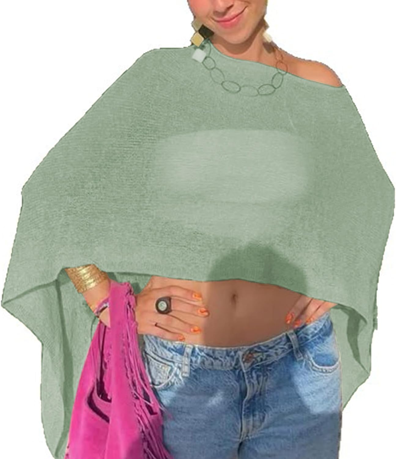 Famnbro Women Sheer Poncho Top Y2k Knit Crochet Sweater Batwing Sleeve Shrug Mesh Cover Up Beachwear Vacation Outfits
