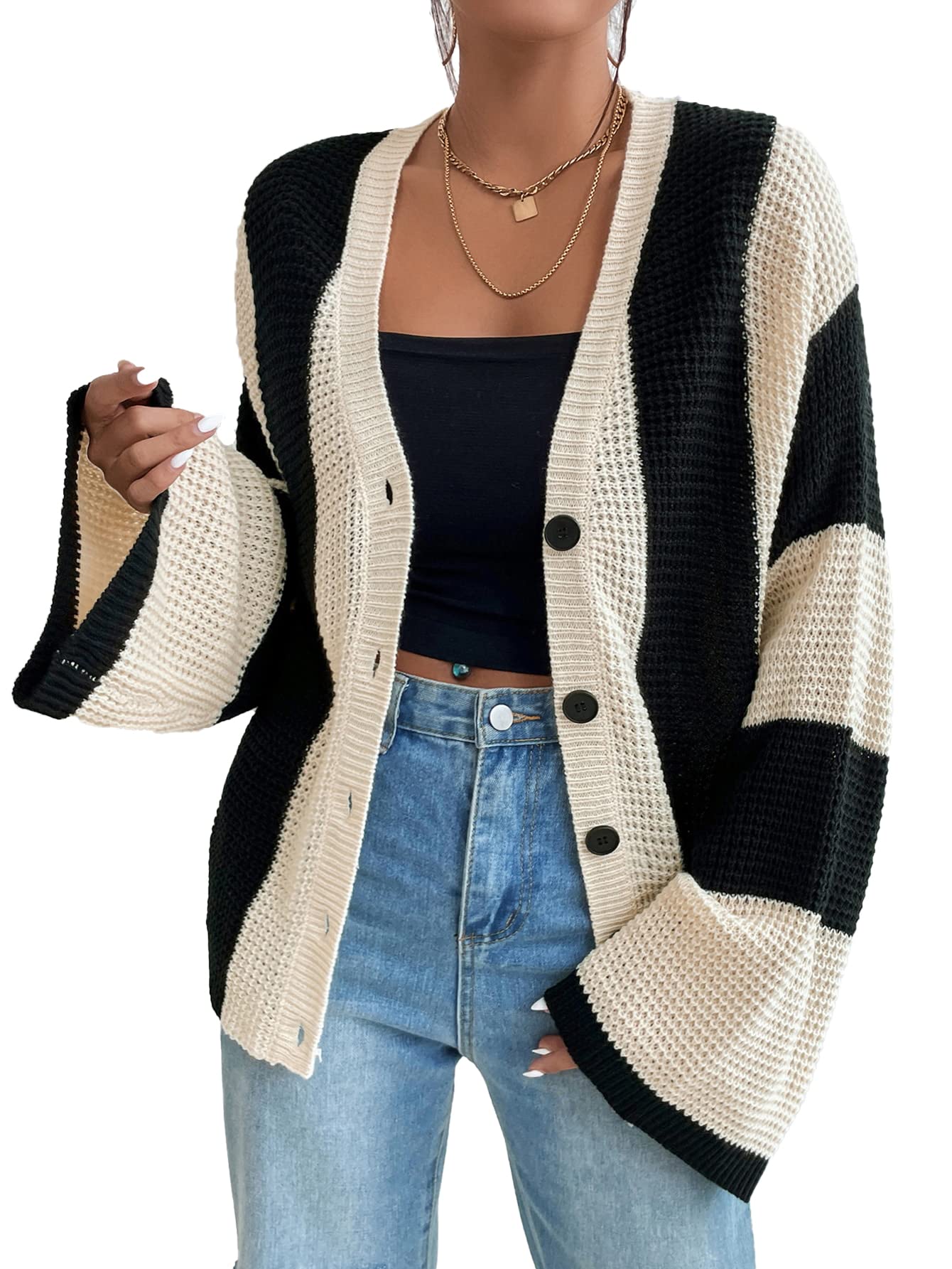 Verdusa Womens Colorblock Lightweight Cardigan Sweaters Button Down Bell Sleeve Knit Outerwear Spring Fall Clothes
