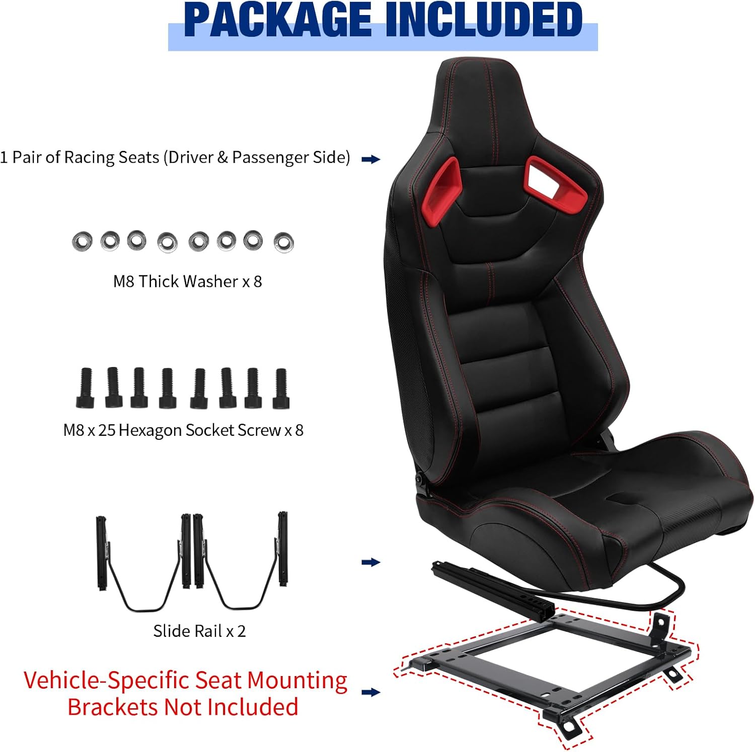 FREEMOTOR802 Racing Seats with Dual Lock Sliders, Universal For Most Cars Vehicles First Row, 1 Pair Reclinable Sport Bucket Seats, PU Carbon Fiber Look Leatherette, Black Red Slots
