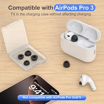 Memory Foam Ear Tips Compatible with AirPods Pro 3 (3 Pairs,S/M/L,Black)