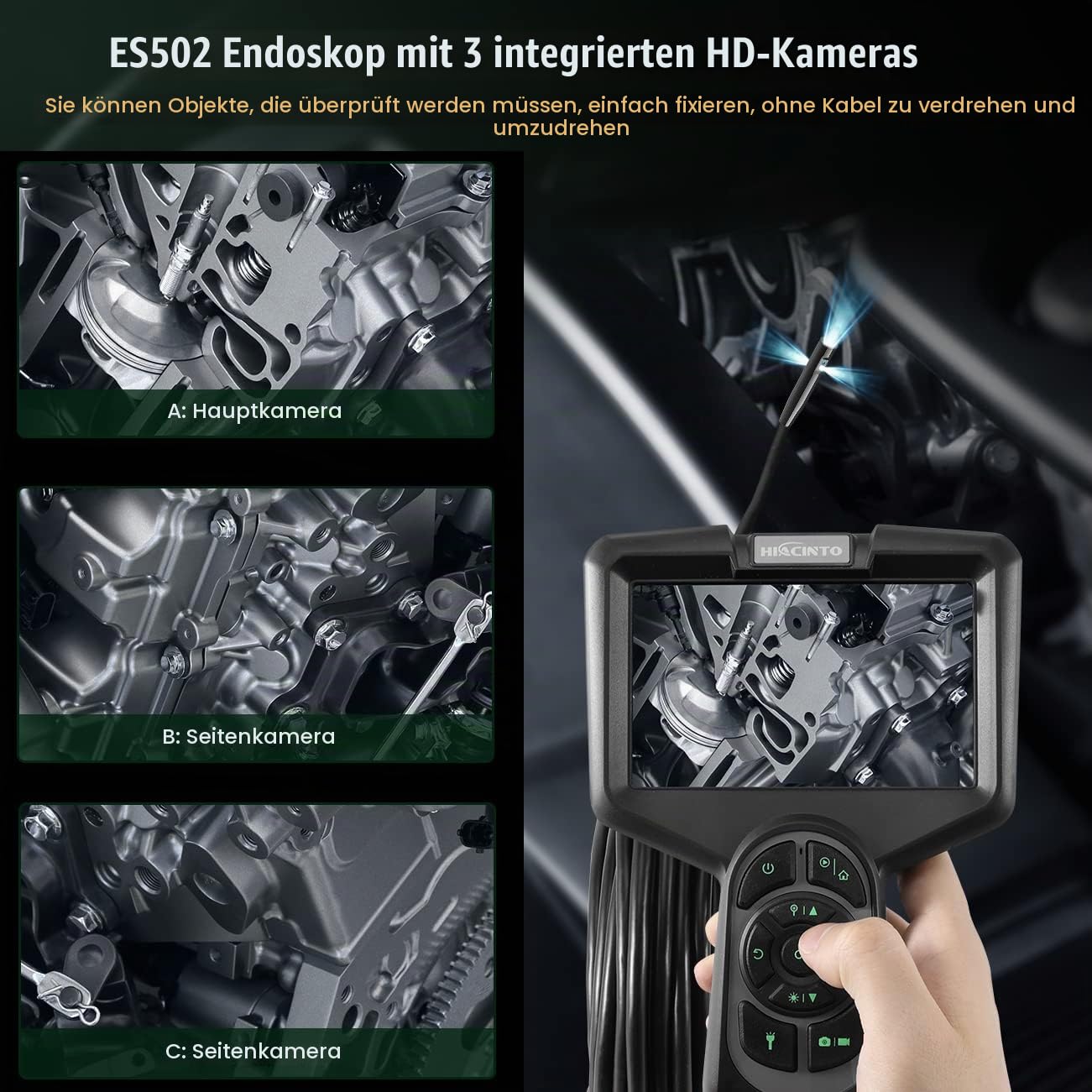 Endoskopkamera 10m mit Licht, 5-Zoll-IPS- Bildschirm DREI Linsen Endoskop, IP68 Wasserdicht Rohrkamera, 8mm Schlangenkamera, 1080P HD Digital Inspektionskamera, 32GB (Abnehmbares Kabel)