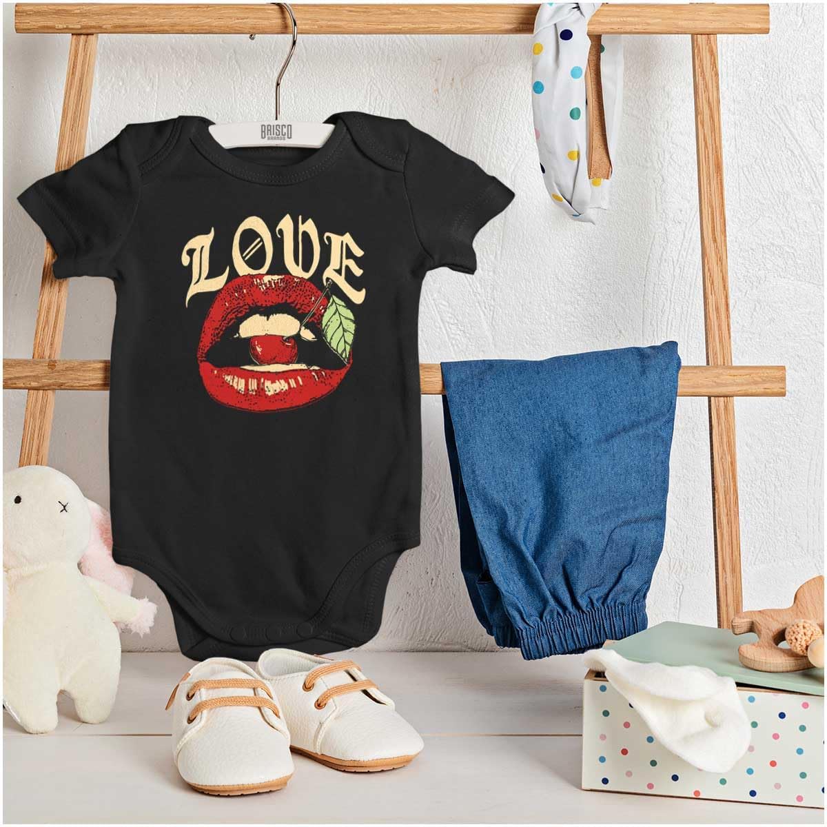 Brisco Brands Vintage Love Lips Biting Cherry Baby Romper Boys or Girls