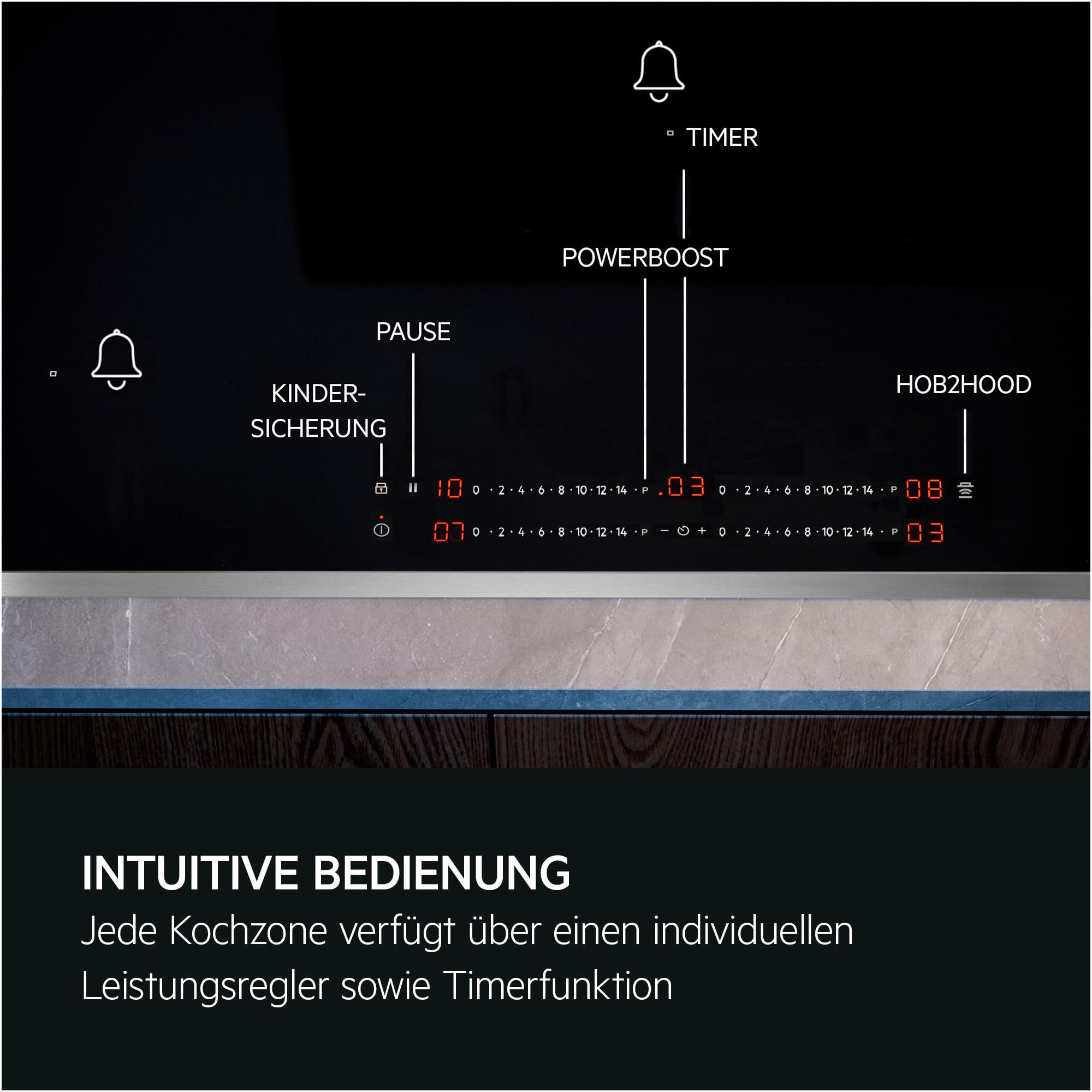 AEG Induktionskochfeld autark 60cm 4 Flex-Kochzonen Powerfunktion 14 Stufen SuperFlat Rahmen Timer Touch-Bedienung Haubenautomatik TO64IA0AXB