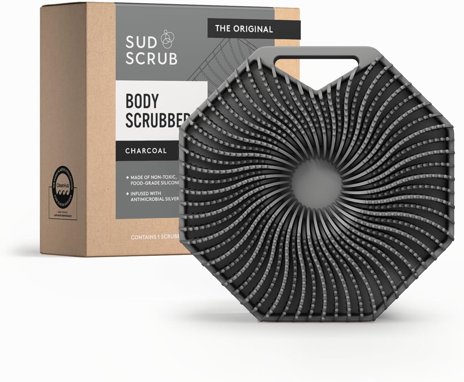 Sud Scrub Antimicrobial Silicone Body Scrubber, Exfoliating Body Scrubber for Sensitive Skin, Eco Friendly Shower Scrubber for Body, Silicone Body Brush for Showering, Lathers Well, Charcoal