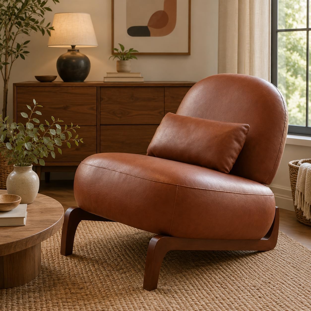 KEIKI Accent Chair with Solid Wood Legs, Faux Leather Single Seat Sofa for Living Room or Bedroom, Comfy Armless Reading Chaise Lounge, Brown