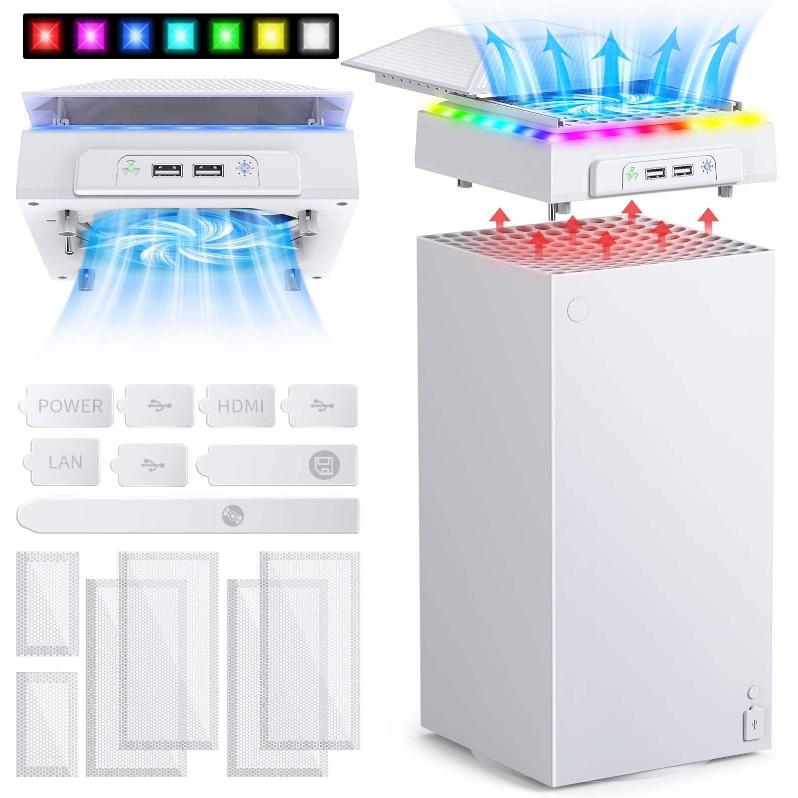 FASTSNAIL Cooling Fan with Dust Cover for Xbox Series X, Cooling System Top Fan with RGB Light, 3.0 &2.0 USB Port, Dust Proof Filter, Low Noise with 3