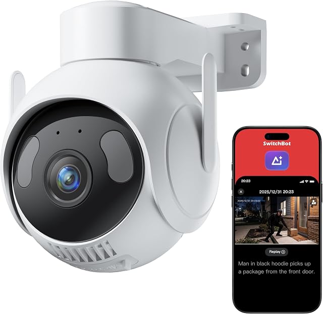 Switchbot 3K PTZ Outdoor Security Camera, AI Video Search, Scene Alert & Daily Activity Report, 360° Auto Tracking, 5MP, 2.4GHz WiFi, Compatible with Alexa, Google, HA Through RTSP