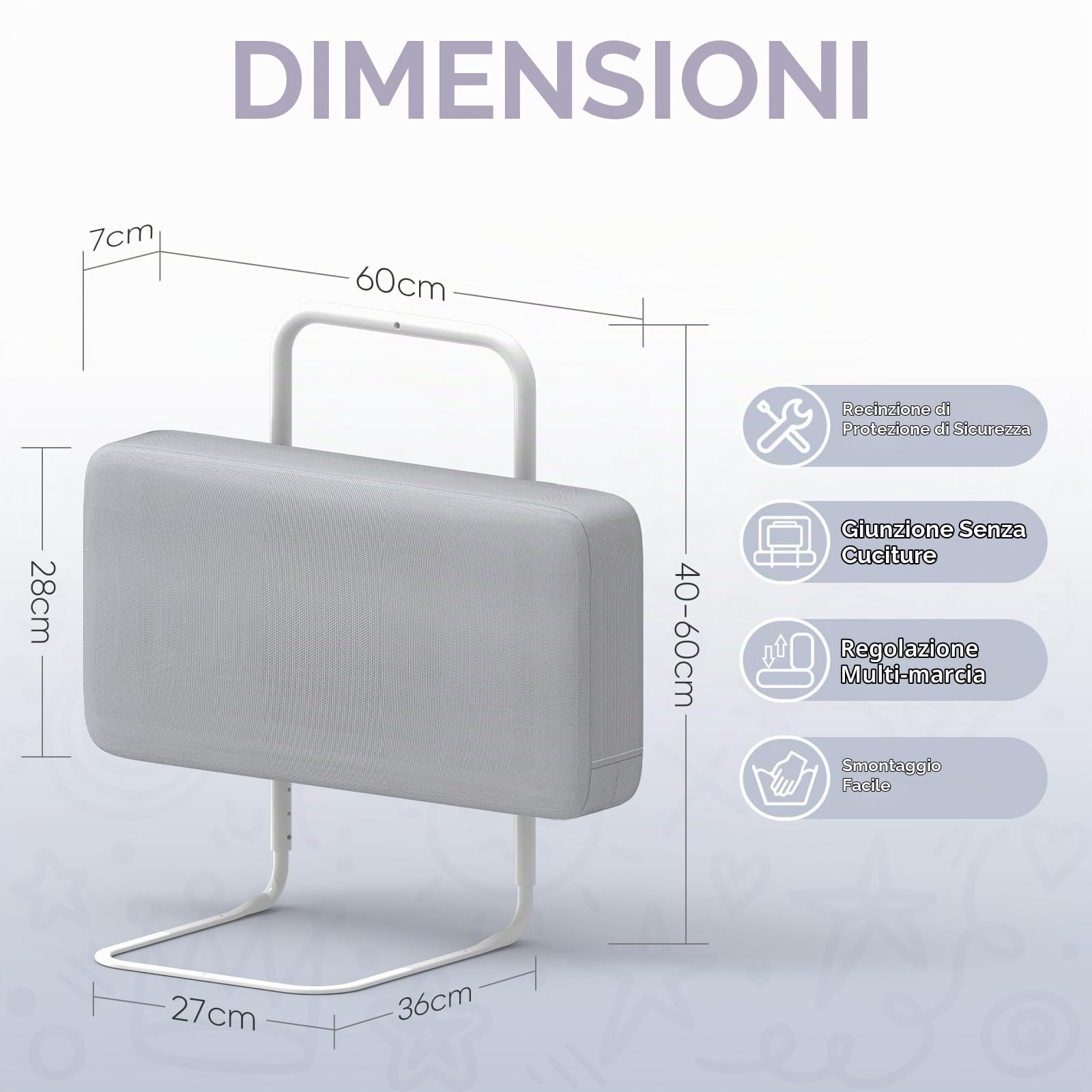 Sponde per letto bambini – Barriera letto sicurezza per bambini, protezione per letto matrimoniale e lettino, altezza regolabile 40-60 cm, rimovibile, portatile, grigio, 60cm