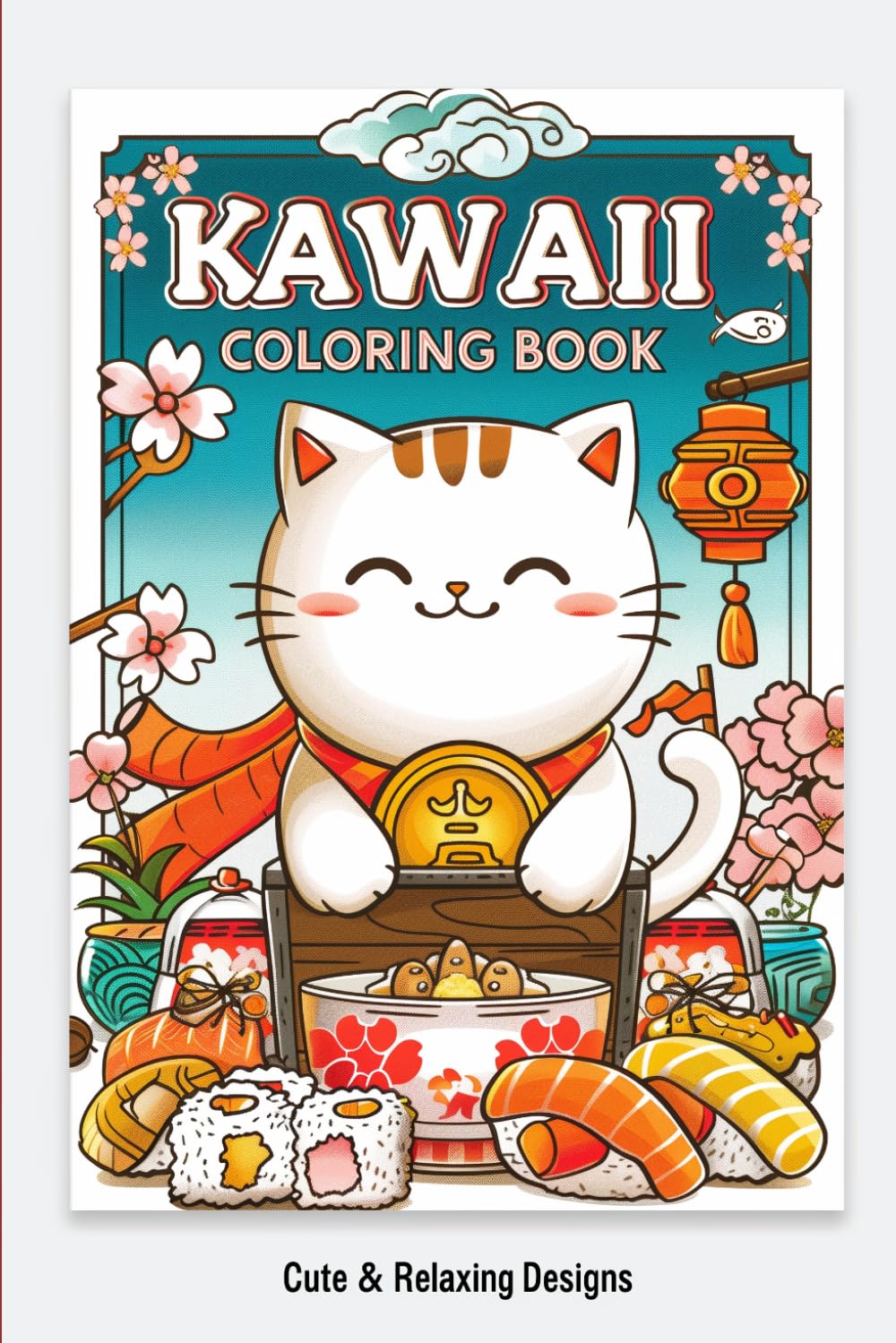 Kawaii Japan Coloring Book for Kids and Teens: Cute Japanese Designs: Cats, Sushi, Sakura & Relaxing Pages