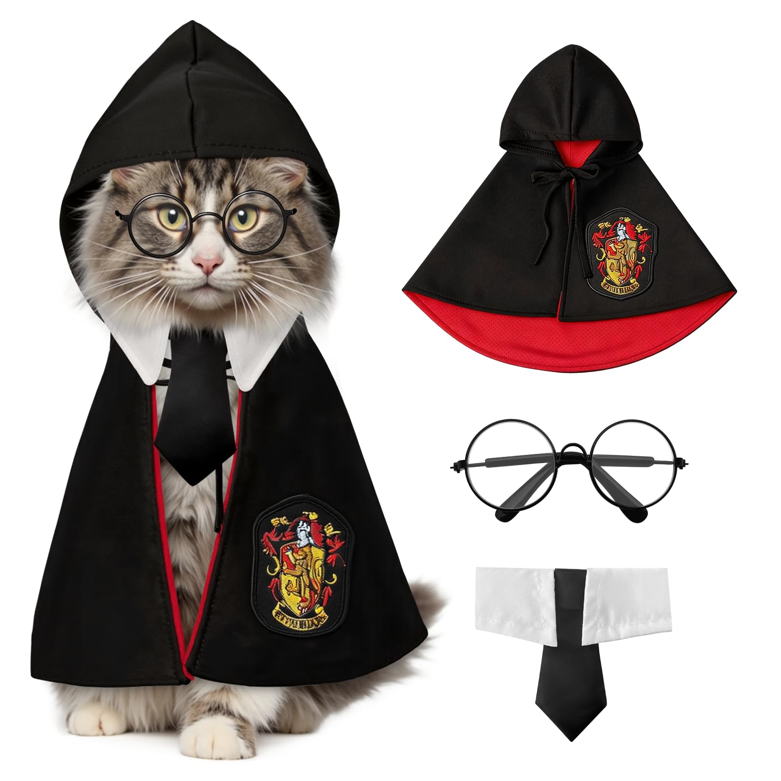 Halloween Dog Cat Costume Cape: Pet Wizard Apparels Cosplay Costume Set Soft Hoodies with Glasses Neckties Dog Outfit Pet Halloween Apparels (Red, Small)