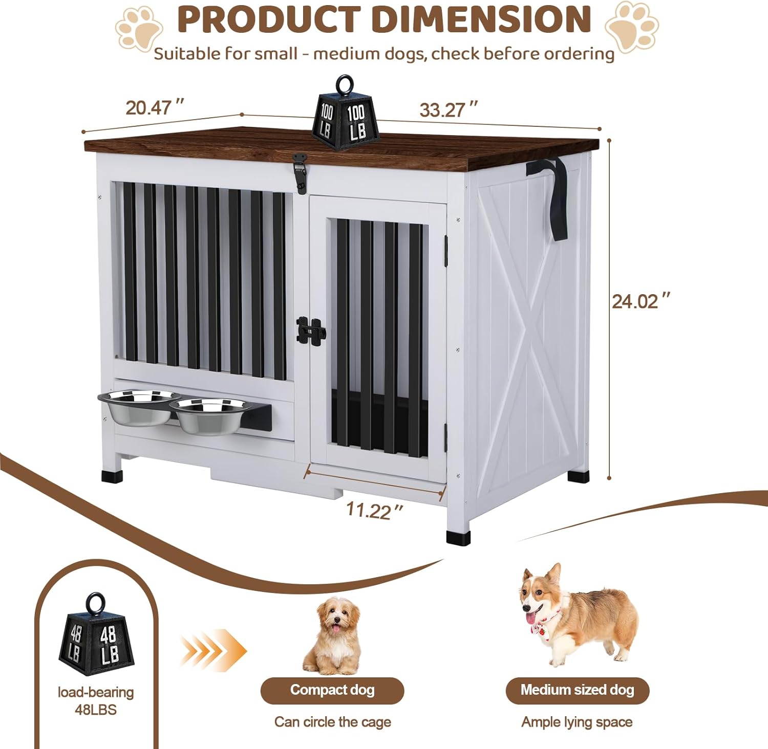 33.3 Inch Wooden Dog Crate Furniture - Multi-Functional Dog Crate Side Table with 360° Swivel Feeder for Small and Medium Dogs with Removable Tray, Easy to Assemble, Easy to Clean