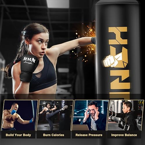 Miniatura 7 de Bolsa de boxeo pesada con soporte para adultos y adolescentes, saco de boxeo inflable independiente con guantes, para hombres y mujeres, juego de