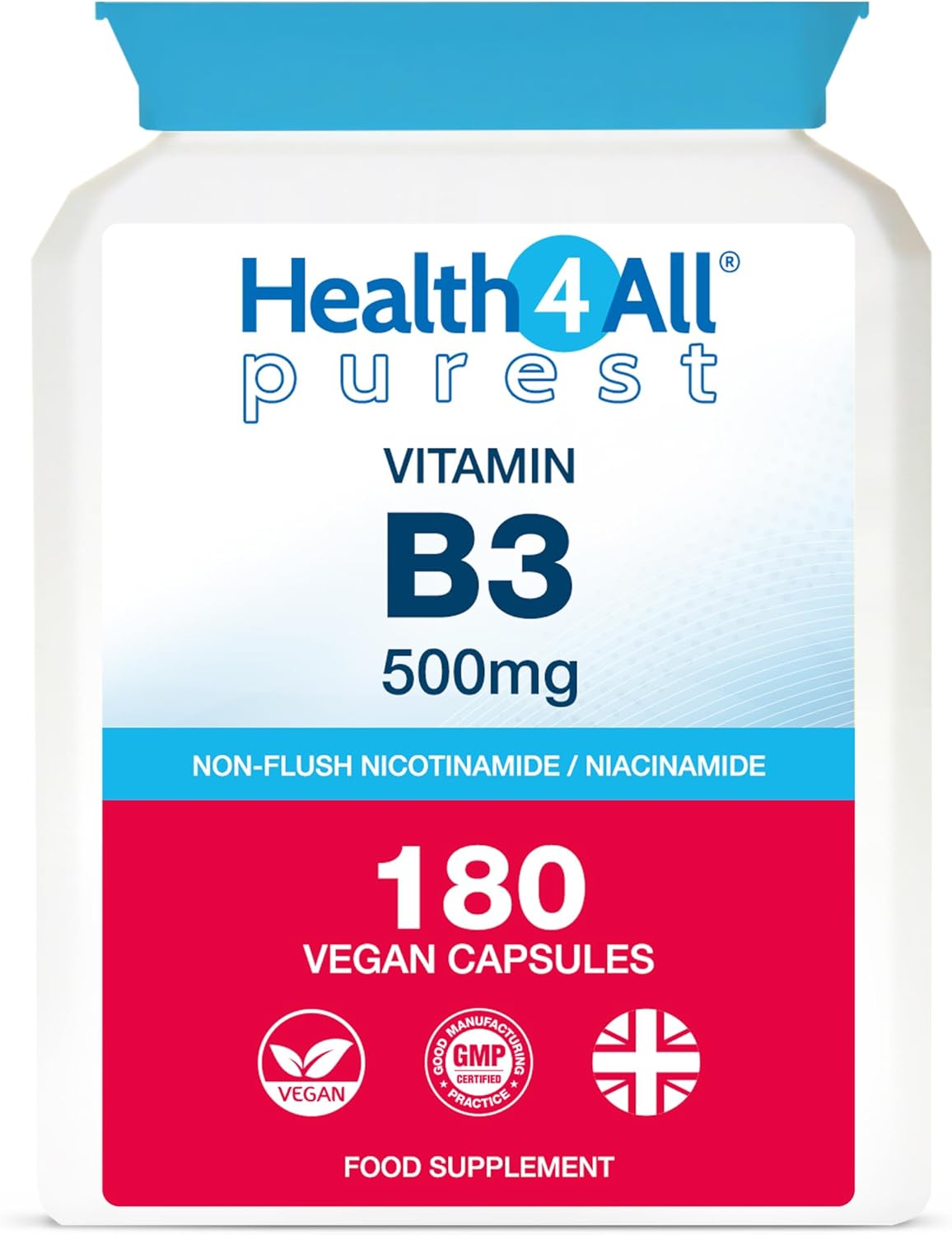 Health4All Vitamin B3 Niacin as Nicotinamide (Niacinamide) 500mg 180 Capsules, Purest, No Additives, Vegan, Gluten Free No-Flush Niacin Vitamin B3 Capsules | Made in UK
