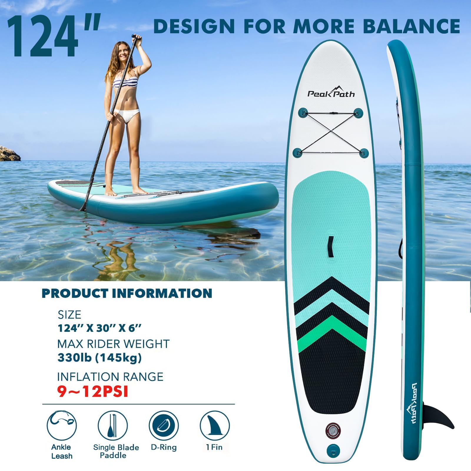Peakpath Inflatable Stand Up Paddle Board (6’’ Thick) with Premium SUP Accessories&Bag,Bottom Fin for Paddling,Surf Control,Non-Slip Deck,Leash,Paddle and Two-Way Hand Pump|Youth&Adult Standing Boat