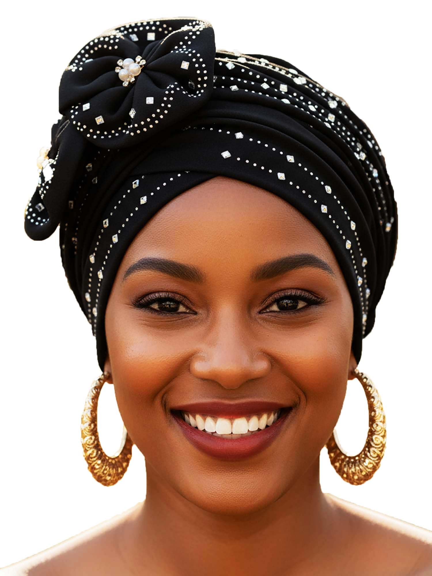 Beanie Cap Head Wrap Black Rhinestones Head Scarf Flower Pearls Twisted Head Turban for Women Girls