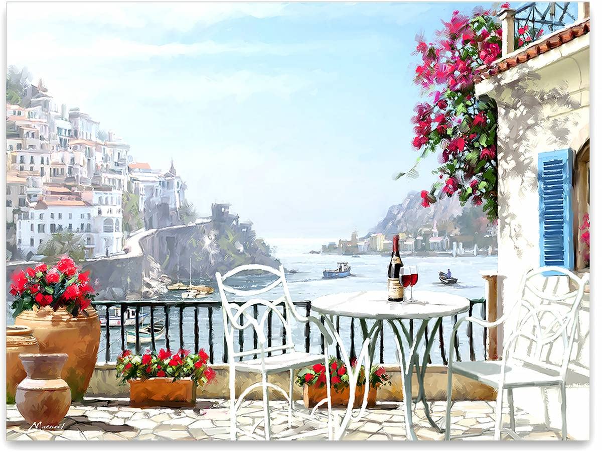 STYLER Leinwandbild Veranda 60 x 80 cm I Wandbild mediterran Ferienhaus Urlaub Natur Süden I Bild Wohnzimmer Schlafzimmer Esszimmer Leinwand I Verschiedene Motive & Größen