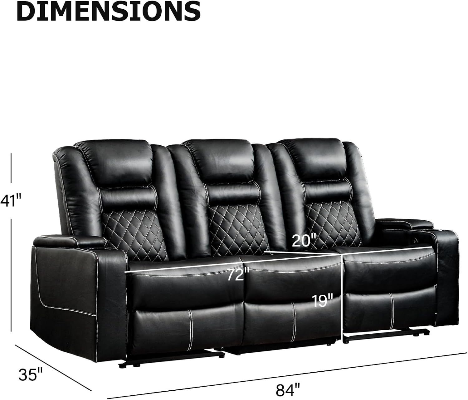 CANMOV Home Theater Seating Seats, Theater Recliner Chair Sofa, PU Leather 3 seat Power Recliner Sofa with Cup Holders, Hidden Arm Storage, USB Ports,Black