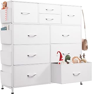 WLIVE 10-Drawer White Dresser with Side Pockets & Hooks - Sturdy Metal Frame Storage Organizer for Bedroom, Living Room, Closet