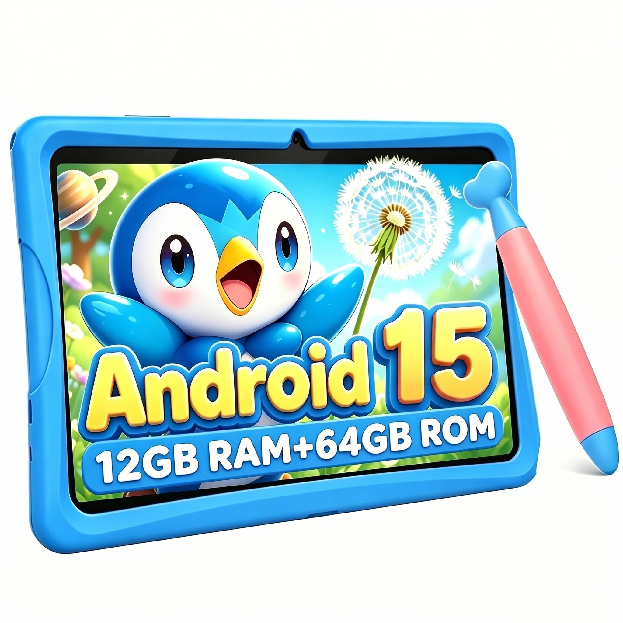 TABWEE K10 Tablet Bambini 10 pollici, 12 GB RAM + 64 GB ROM (TF 2 TB) | Android Tablet Educativo con Controllo Parentale, Google Kids Space, WiFi 6, Schermo Anti-Luce Blu, Custodia - Blu