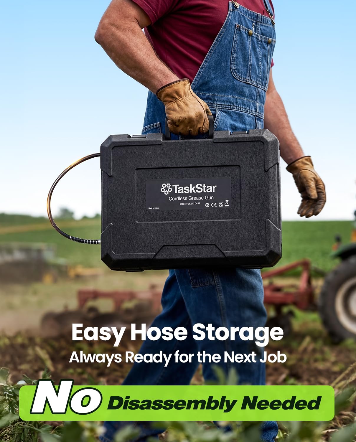 TaskStar Electric Grease Gun stored in its carrying case with the hose attached.