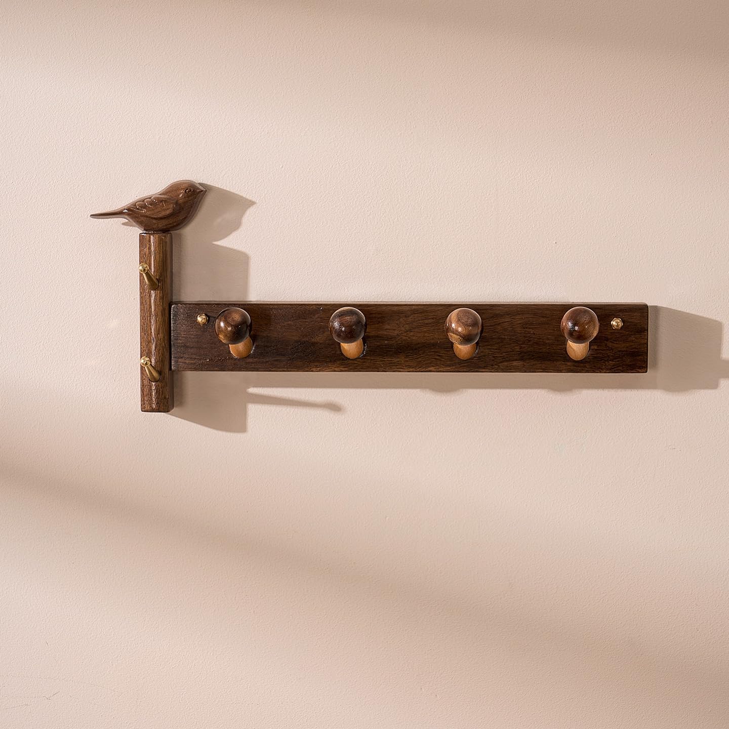 Coat rack made of beech and walnut wood for hanging clothes, keys, towels and hats. Coat hooks designed in the shape of carved birds and mushrooms12.8x6.3x2.75 Inches, With Mounting Hardware (4 hooks)