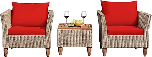 Miniatura 9 de COSTWAY 3PCS Patio Rattan Bistro Muebles Set Mesa Madera Cojín Sofá Rojo