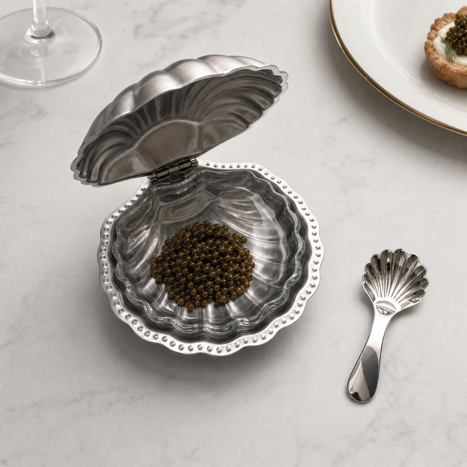 Edelstahlschale in Muschelform mit Deckel muschelförmig Edelstahlschale mit innenschale kompakt Butterschale aus Edelstahl für Dinnerpartys, B