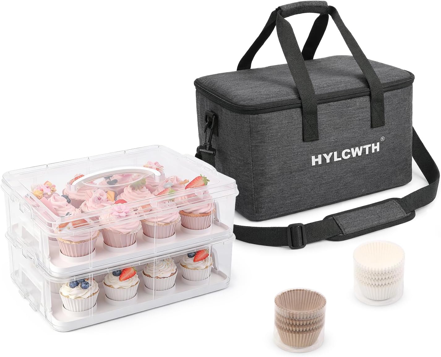Cupcake Carrier, Cupcake Holder With Lid And Handles, 2-Layer Cupcakes Containers, 24 count Reusable Cupcake Box, Cupcake transport container With Portable Insulated Bag and 200Pcs Cupcake Liners