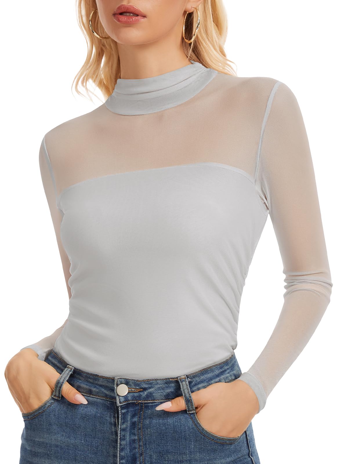 Mesh Langarmshirt Damen Rollkragen Durchsichtiges Netzoberteil Langarm Tops | Weicher und doppellagiger Mesh Stoff, elegante Slim Fit, schicker Touch, stilvolle Passform für tägliche Outfits