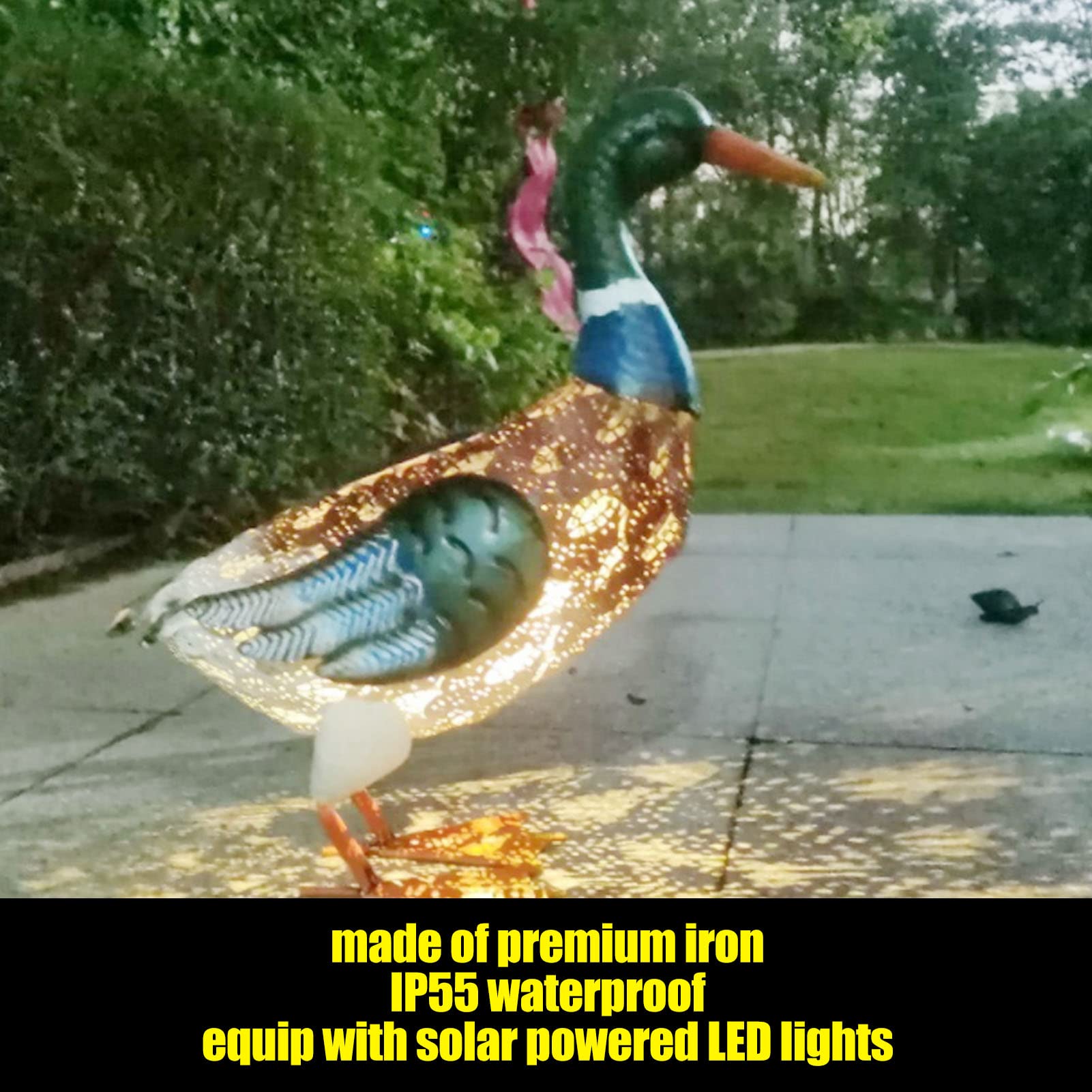 Akozon Estatua de Pato de Hierro, Decoración de Animales Pintada a Prueba de Agua con Luz LED Solar para Jardín, Patio de Césped