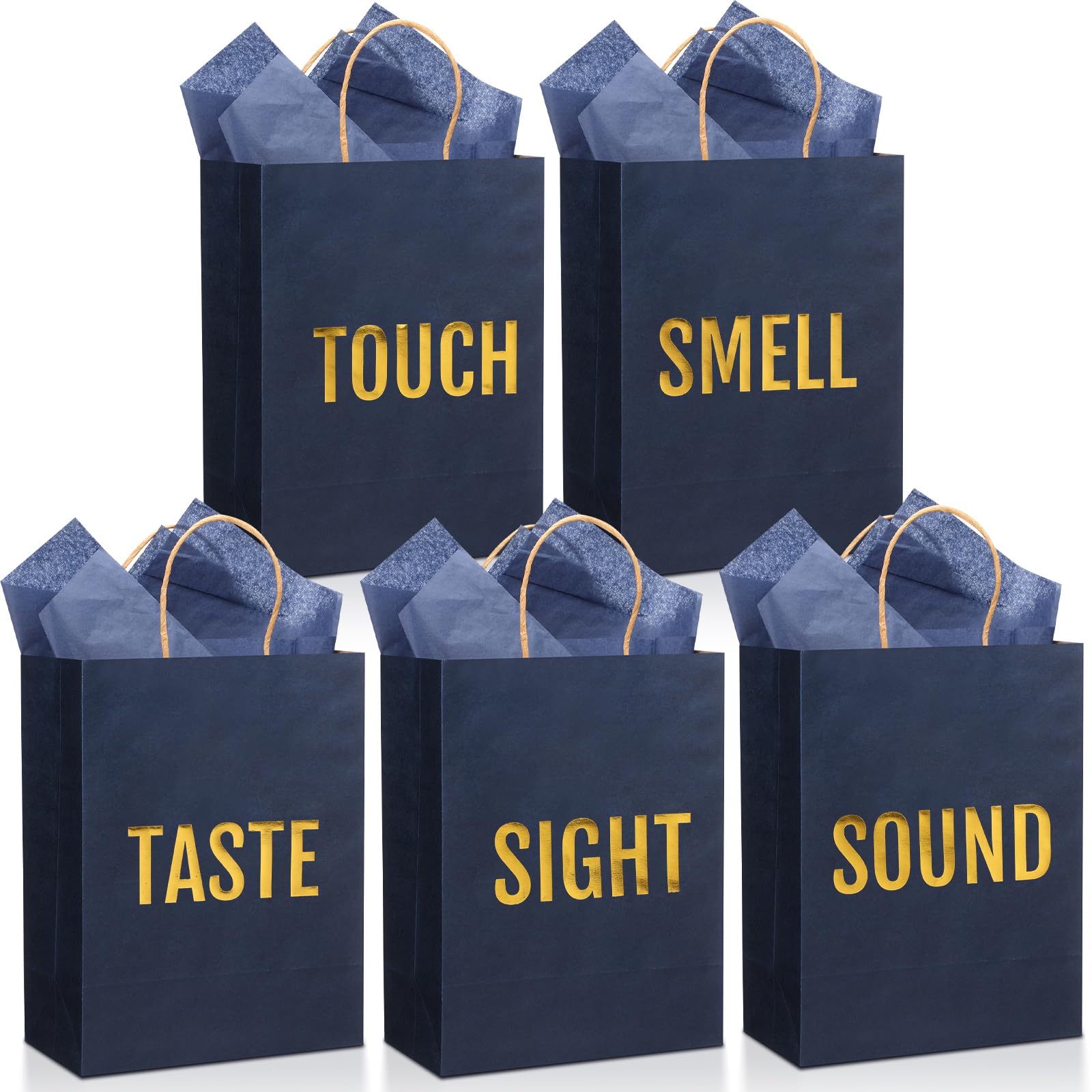 Kolldenn 5 Senses Gift Bags for Him for Her with 10 Pcs Tissue Paper, Paper Bags with Handles Five Senses Gifts for Valentines Christmas Birthday Wedding Anniversary(Dark Blue,8.3 x 4.3 x 10.6 Inch