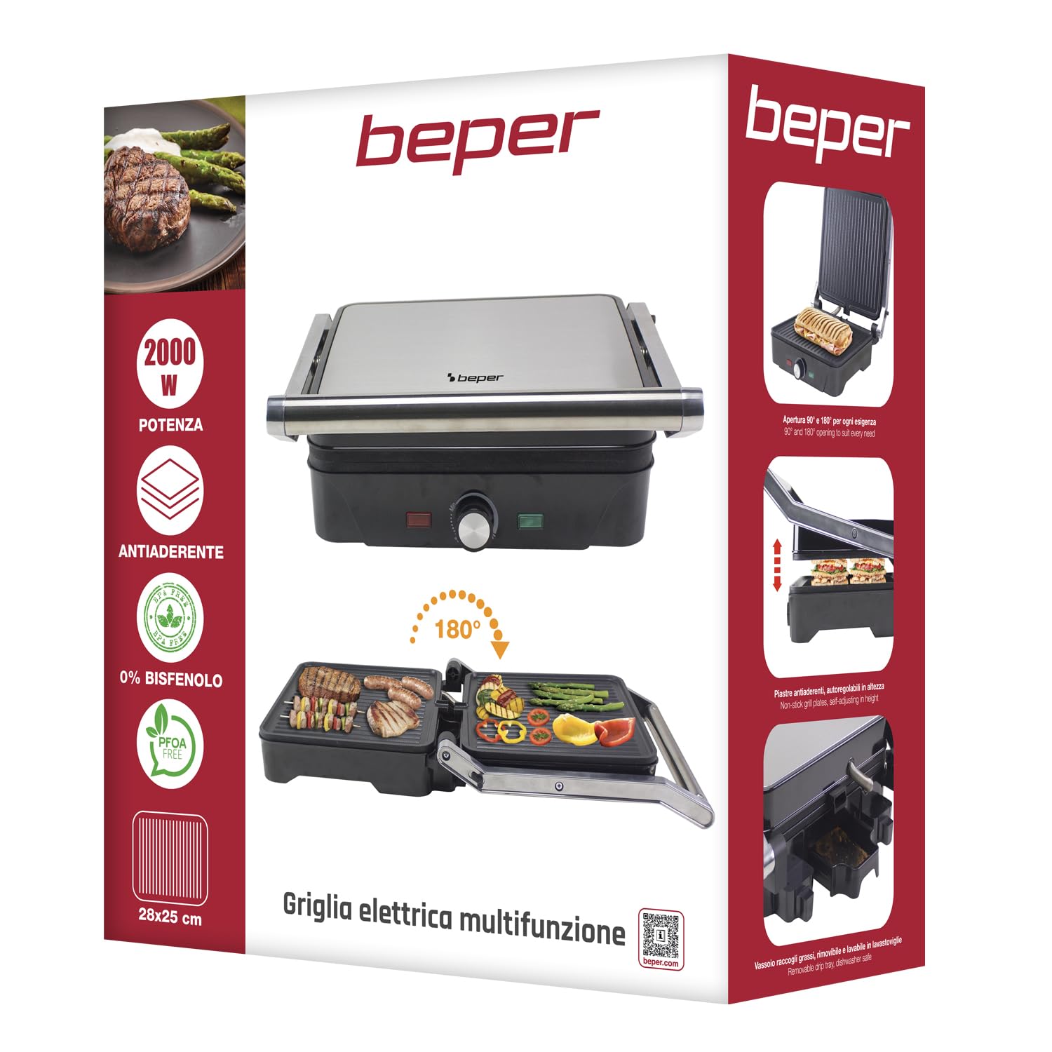 BEPER P101TOS503 Griglia Elettrica Multifunzione GRAND GRILL 3 in 1 – Bistecchiera, Piastra Panini e Griglia Barbecue – Piastre 28x25 cm, Apertura 180°, Termostato Regolabile – 2000W