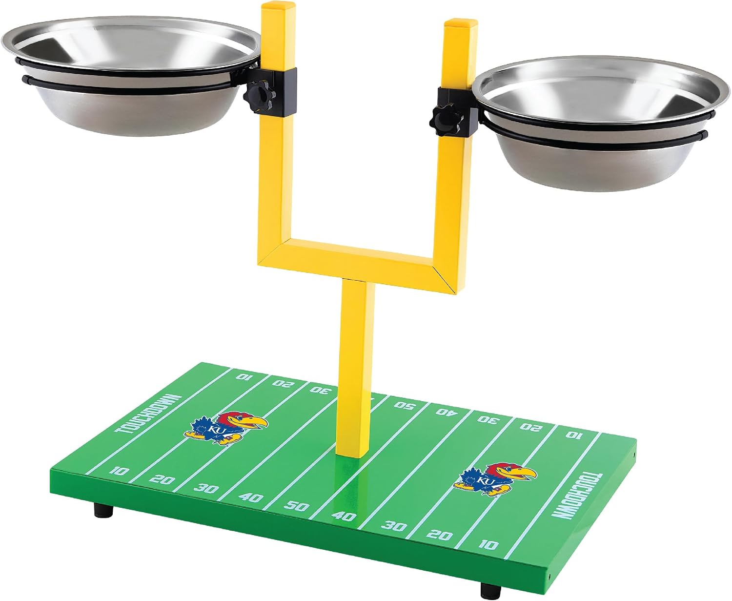 NCAA Kansas Jayhawks Goalpost Football Field Dog Feeder – Adjustable Elevated Dog Bowls with Stand, 2 Stainless Steel Bowls, Non-Slip Rubber Feet, Raised Pet Feeder for Large & Small Dogs