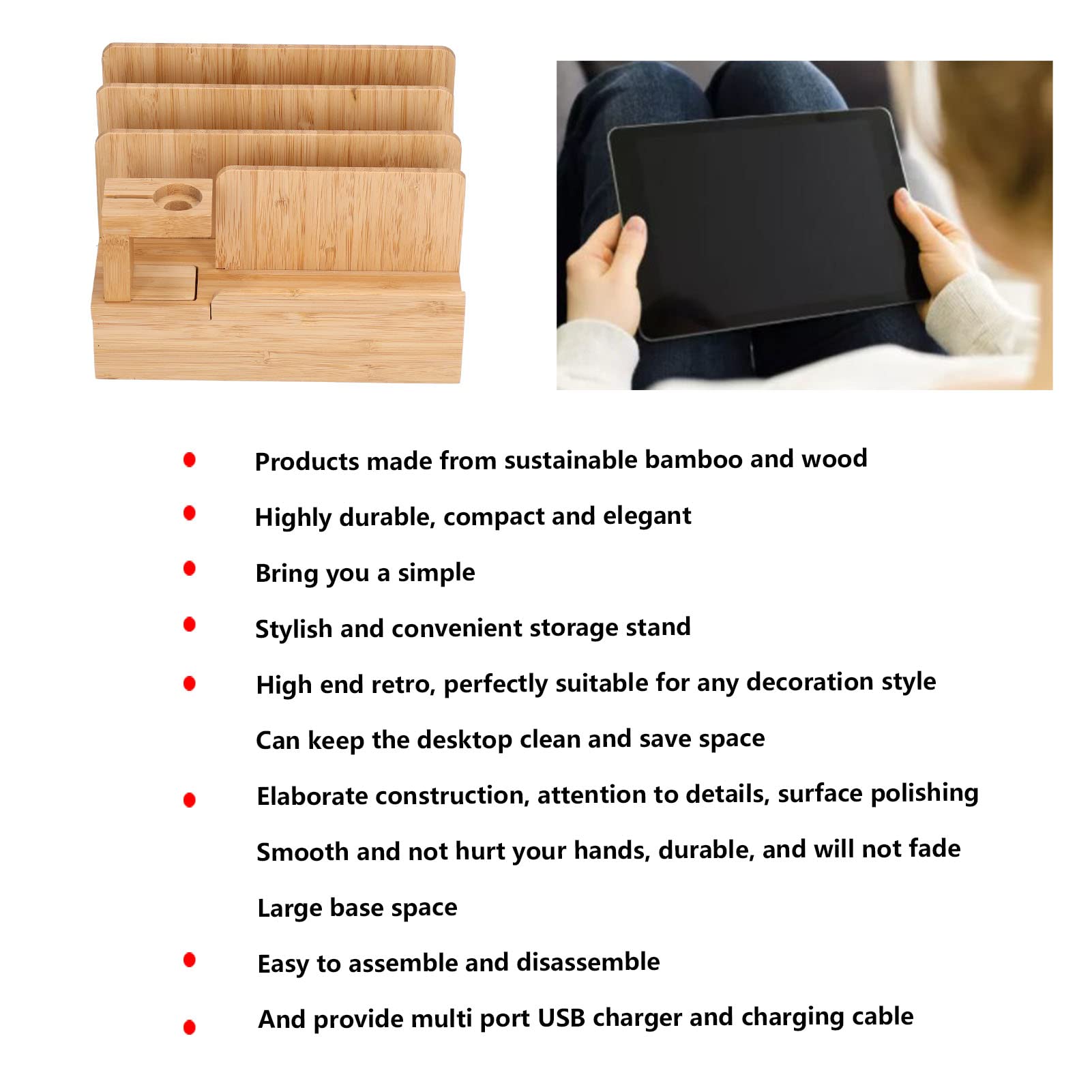 Stazione di Ricarica Per Dispositivi Multipli con 5 Porte USB a 6 in 1, Organizer Per Stazioni di Ricarica in Legno Per Telefoni Cellulari, Supporto da Scrivania Per Caricabatterie Per Telefono Cellul