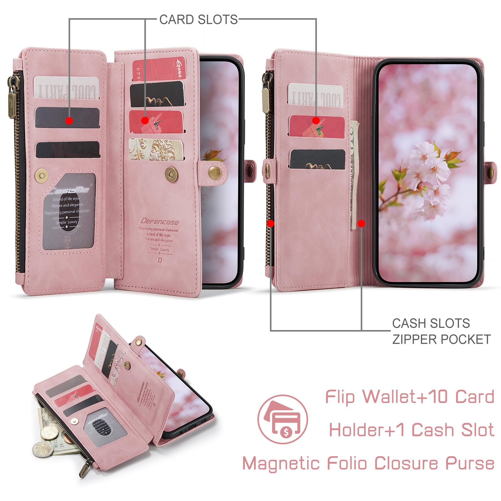 Defencase Compatible with Galaxy A32 5G Case Wallet with RFID Blocking Card Holder for Women Men, PU Leather Magnetic Snap Flip Zipper Strap Wallet Phone Case Fit for Samsung Galaxy A32 5G, Rose Pink
