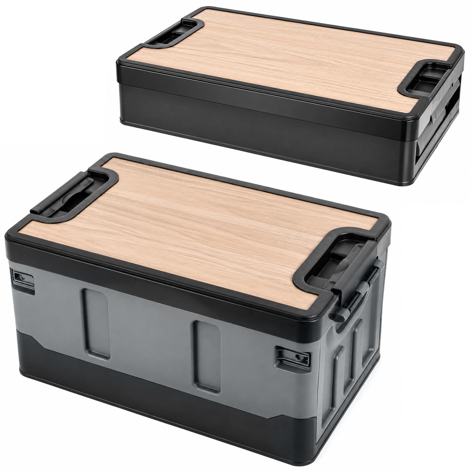 evergoods Foldable Plastic Storage Box with Wooden Lid, 48×30×24cm Collapsible Stackable Storage Bin, Multipurpose Organiser for Car Trunk, Camping, Home Clothes Toys (Brown, Medium)