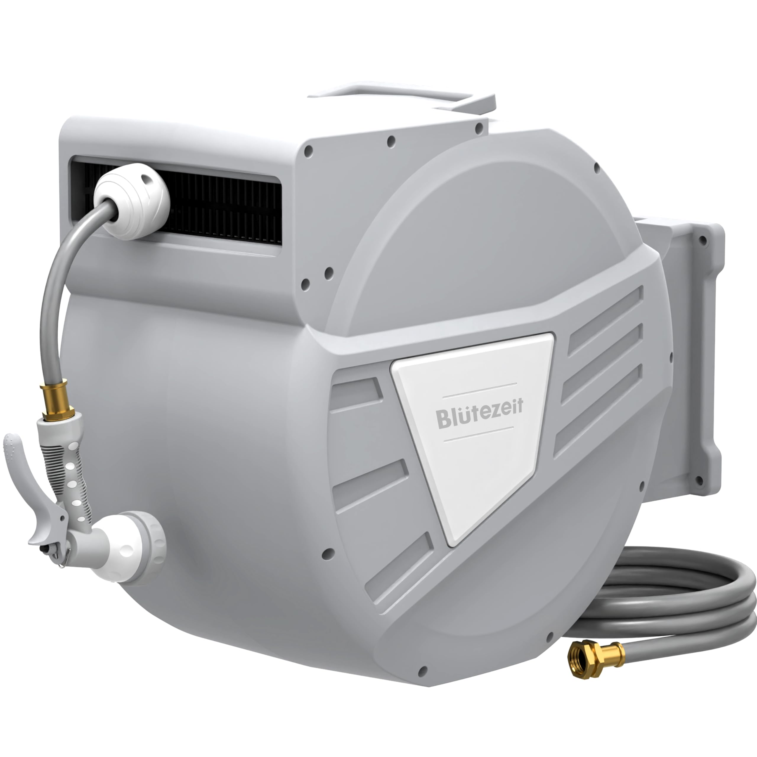 Blütezeit Retractable Garden Hose Reel, 5/8'' x 100ft Hose Reel Wall Mount with 9 Function Nozzle | Any Length Lock | 180° Swivel Bracket | Automatic Slow Rewind Self-Winding