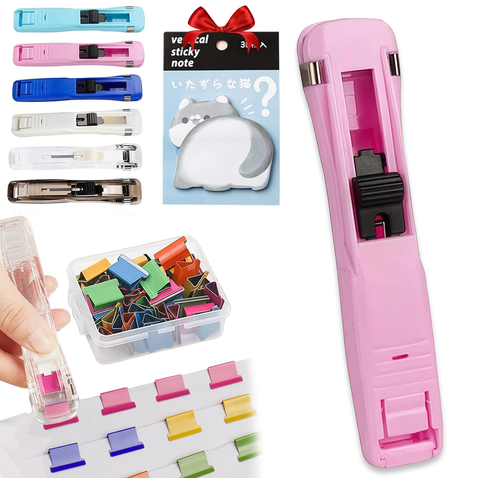 Portable Binder Clip Stapler Set with 50 Reusable Push Clips, Handheld Paper Clamp Dispenser for Office Desktop Document Organization, 2 Piece (1, Pink)