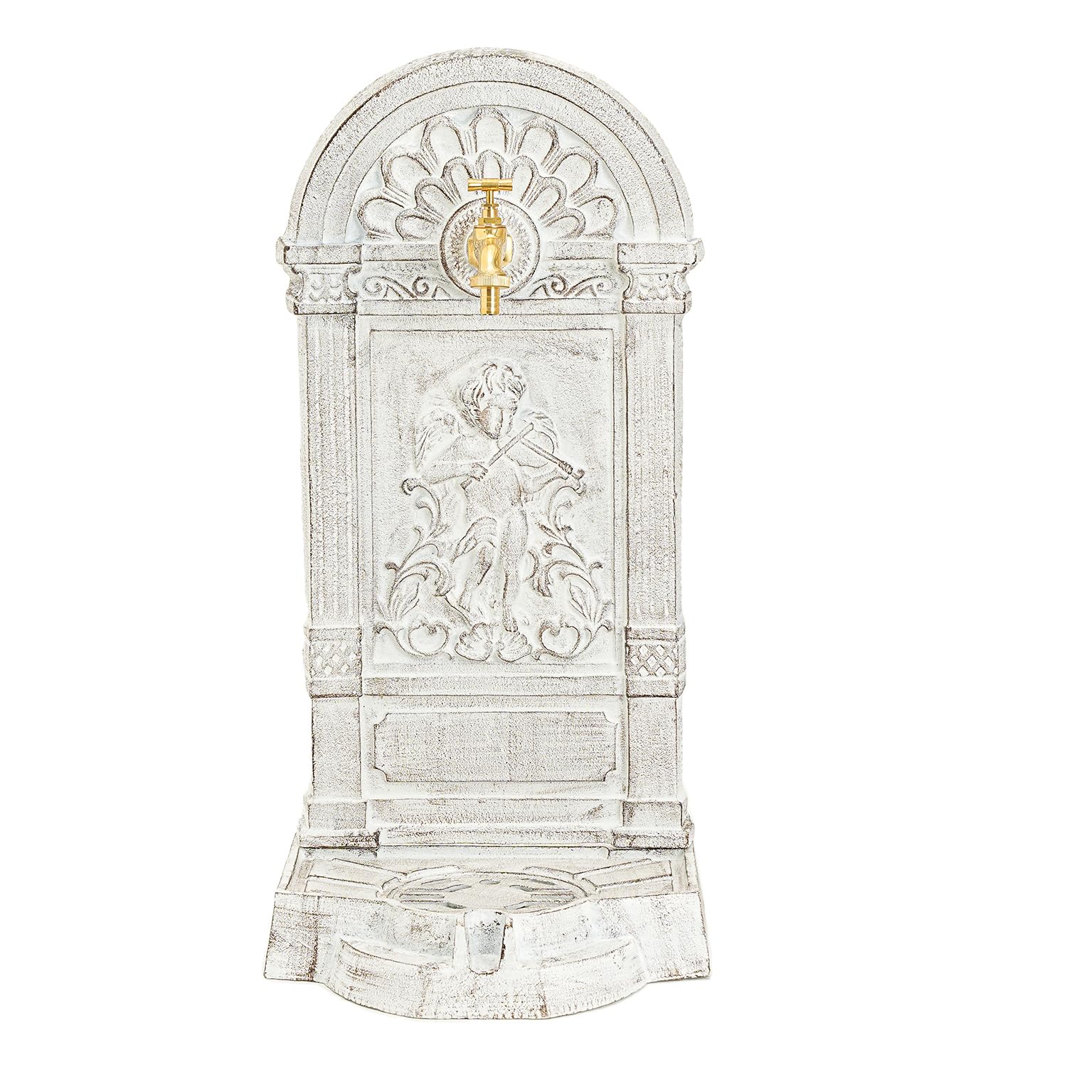 Sungmor Antique White-Angel Cast Iron Outdoor Water Column With Faucet, Freestanding Decorative Water Fountain Yard Hydrant Retro Tap For Garden Farm Backyard Irrigation Washing, Antique White