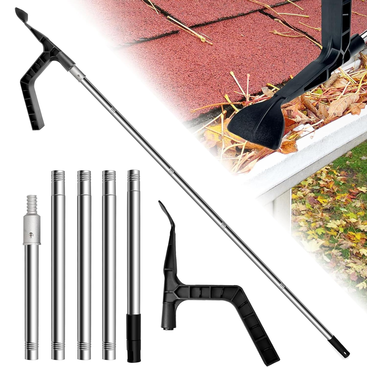 OAONYGutter Cleaning Tool,Roof Gutter Cleaner with 78.7" Splicing Pole Handle,Portable Cleaning Scraper Tool for Cleaning Leaves and Debris