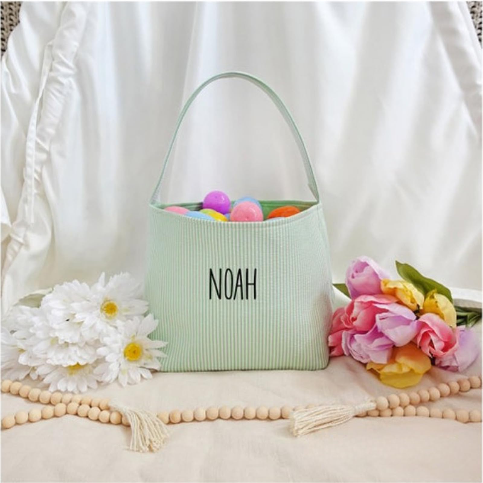 Custom Seersucker Easter Baskets,Personalized Basket for Easter,Kids Easter Basket,Gingham Basket,Embroidered Name Gift Baskets for Kids Babies Boys/Girls (Fluorescent Green)