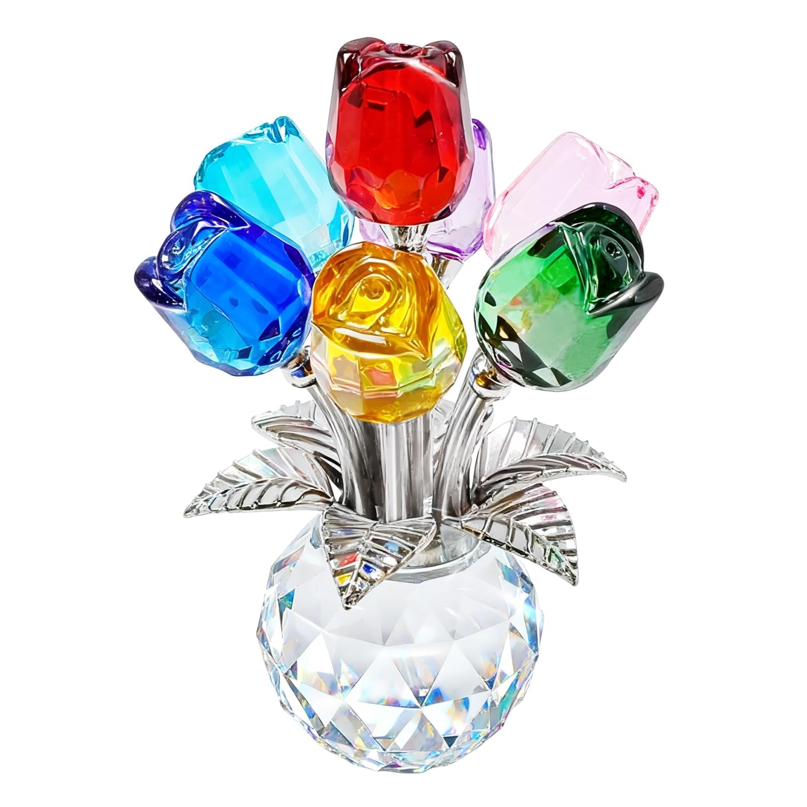 JUUDDENPARTS 7-Color Crystal Rose Bouquet, Crystal Glass Flower with Metal Stem for Girlfriend Wife, for Romantic Valentine's Day, Valentine's Day Anniversary Mother's Birthday Wedding