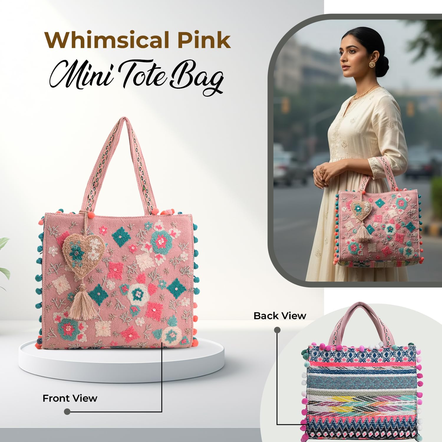 Boho Girl Mini Tote Bag for Women Whimsical Jacquard Handbag with Adjustable Strap Stylish and Elegant Ladies Crossbody Shoulder Purse, Sling Bag Perfect Birthday, Anniversary and Wedding Gift 1