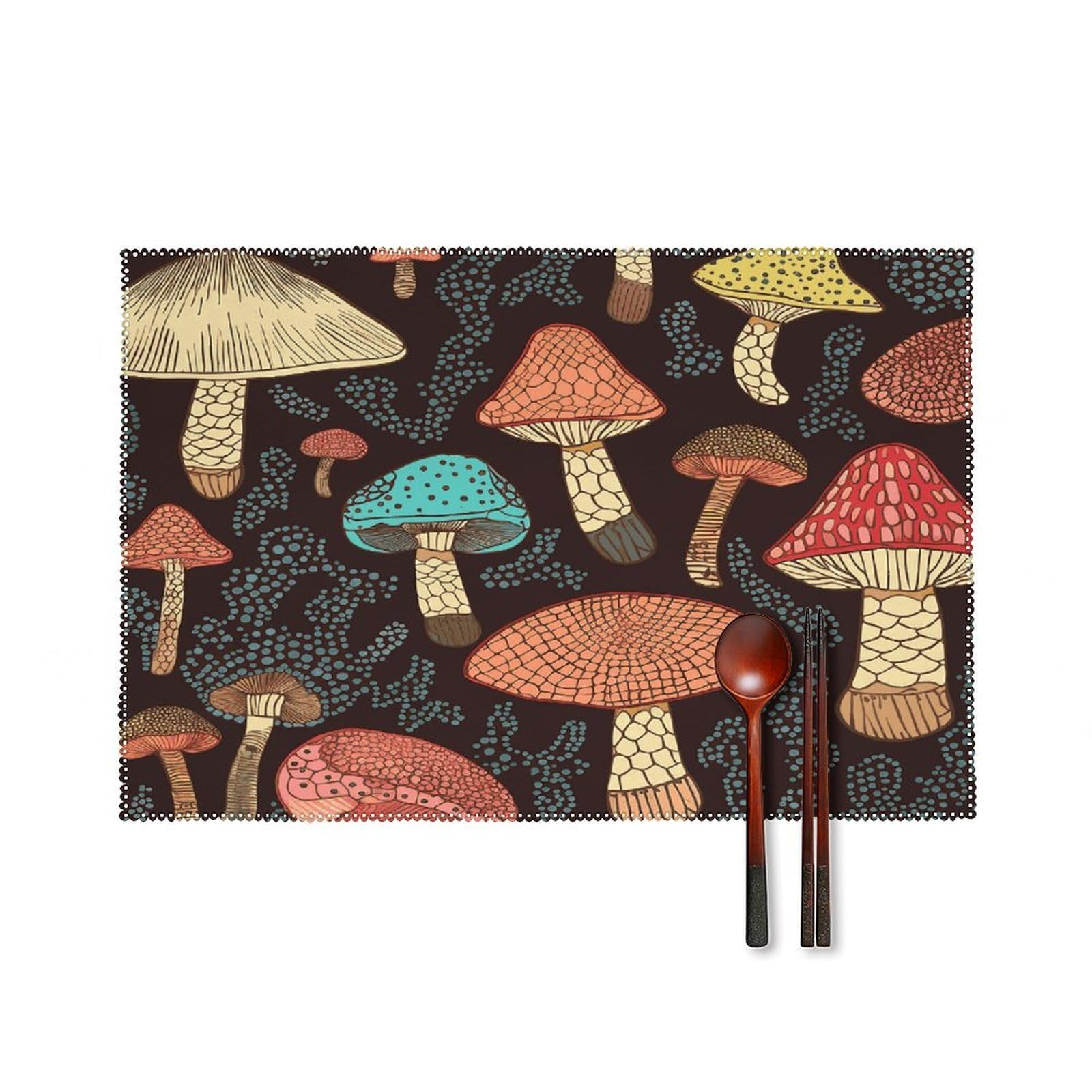 Mushroom Placemats Set of 4 Canvas Place Mats Non-Slip Heat Resistant Table Mats Washable Waterproof Placemat Wipeable Tablemats for Kitchen Dining Decor Place Mat