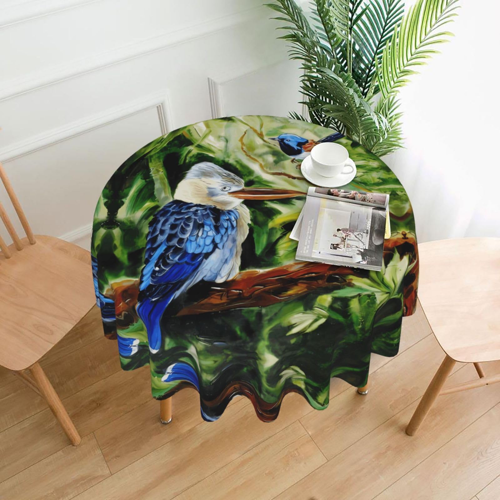 WHJSHOP Oak bird Prints Round Table Throw 60 Inch – Waterproof Table Cover for Dining, Coffee Tables, Parties & More - Soft, Wrinkle-Resistant Table Layer