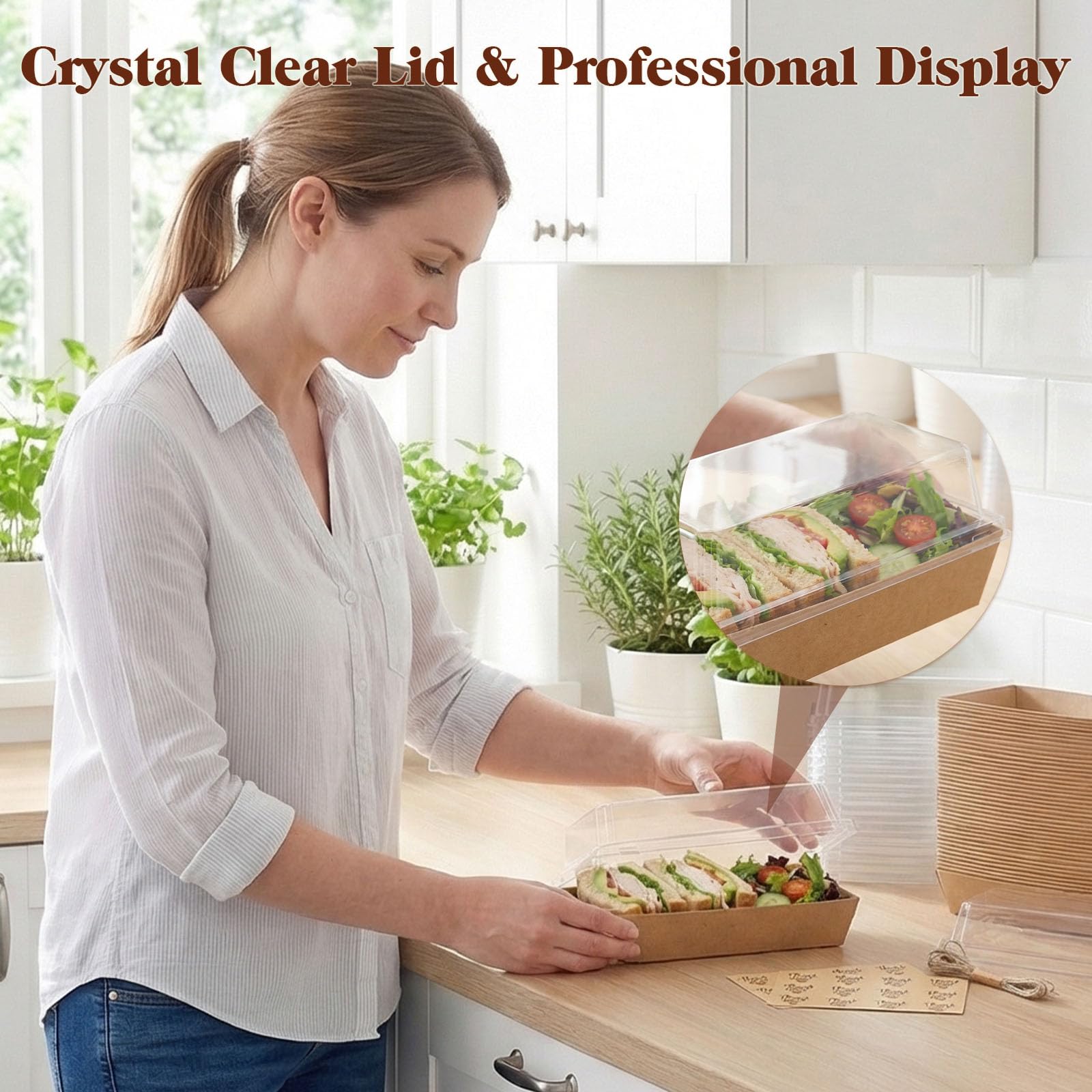 VGOODALL Lot de 48 boîtes à charcuterie, petites boîtes en papier avec couvercle transparent pour sandwich, dessert, gâteau