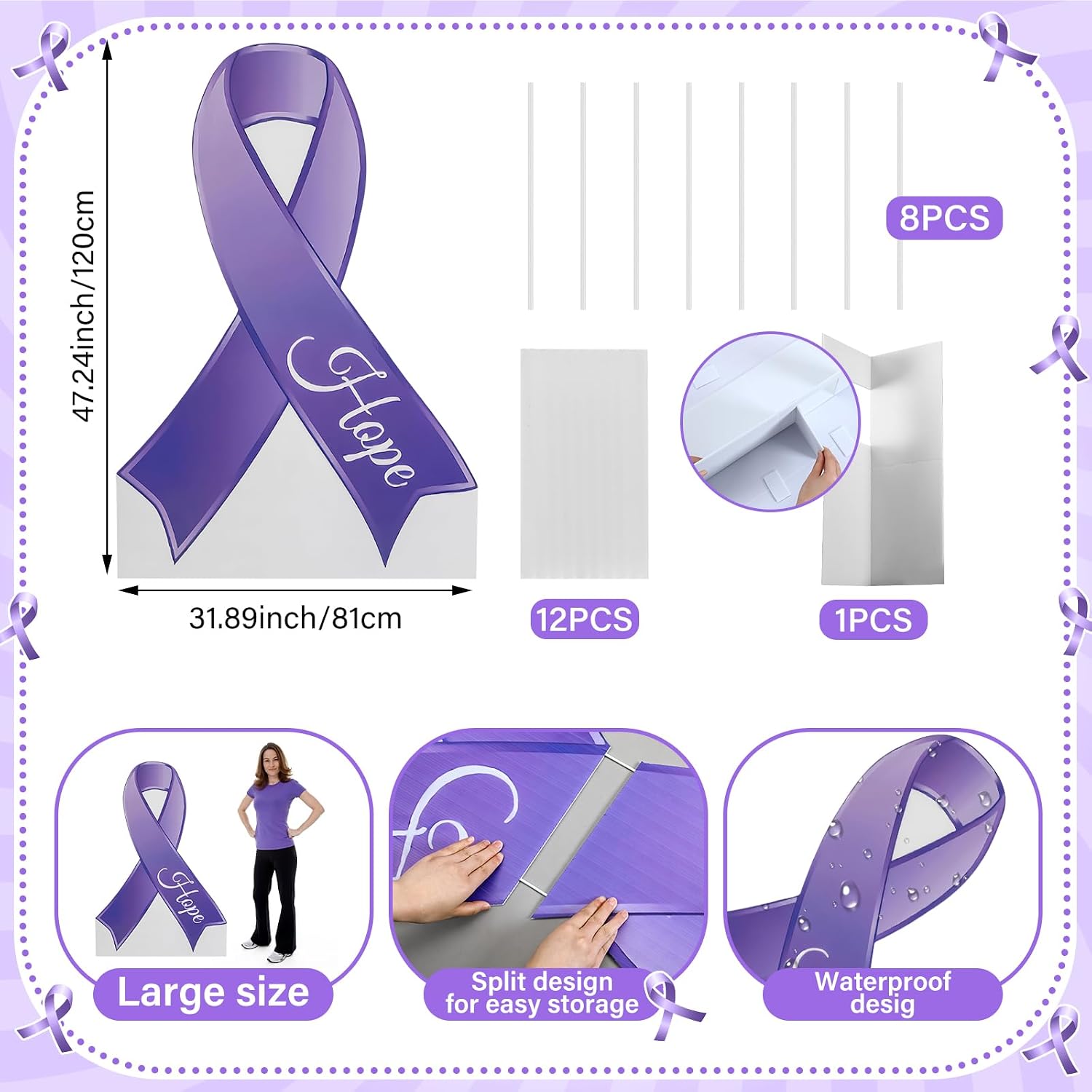 Leinuosen 1 Pcs 47" H Purple Ribbon Cardboard Cutout Stand-Up Purple Awareness Life Size Photo Props Hope Courage Strength for Women Campaigns Support Groups Fundraisers Charity Event Decoration
