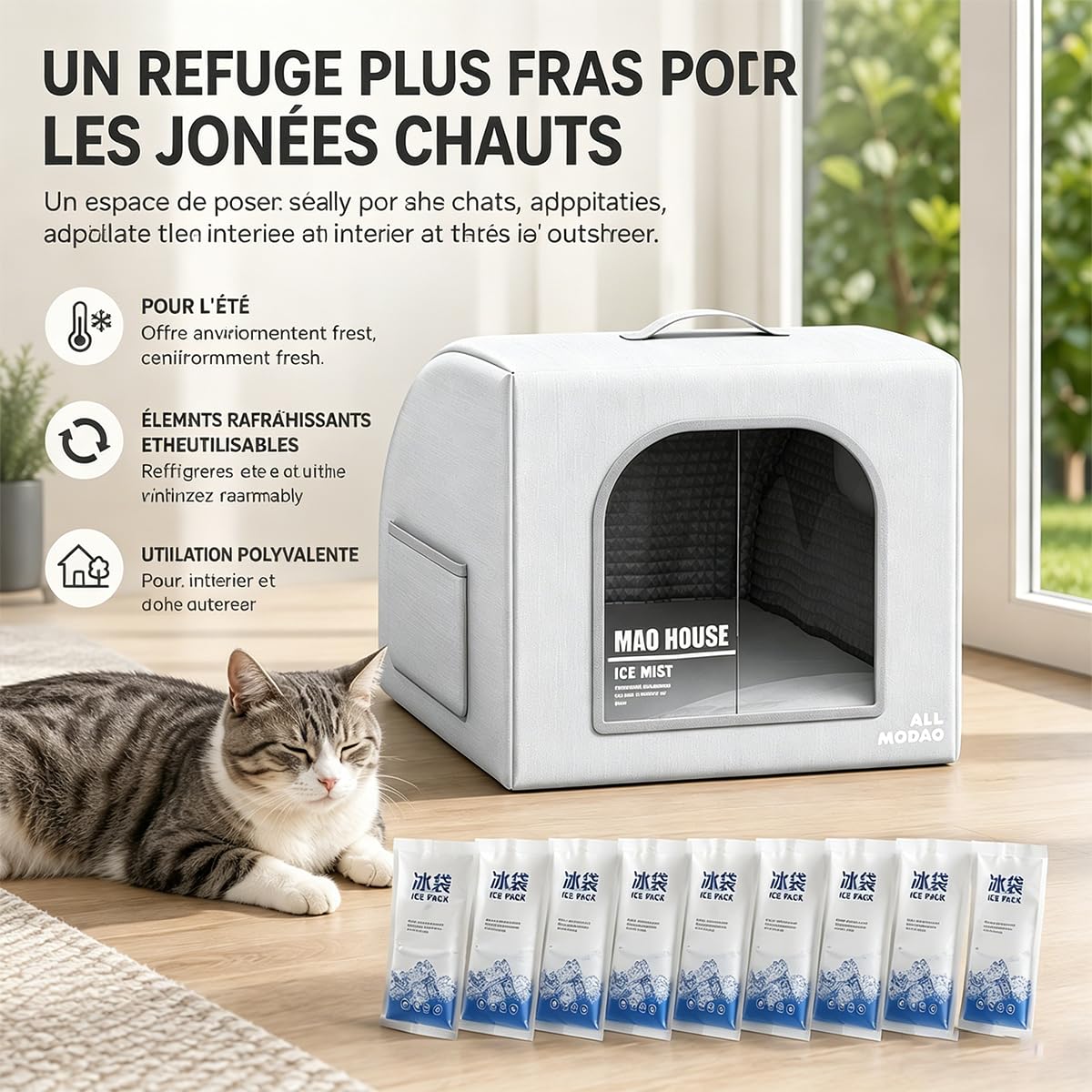 Maison RafraîChissante pour Chat, Lit Isotherme Pliable Et RéSistant Aux IntempéRies avec 10 Blocs De Glace RéUtilisables, pour Repos IntéRieur Et ExtéRieur (A)